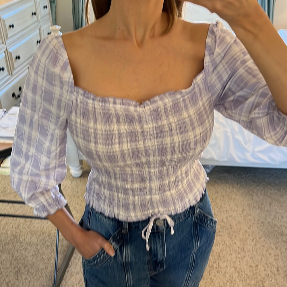 Almost Famous lavender and white top.